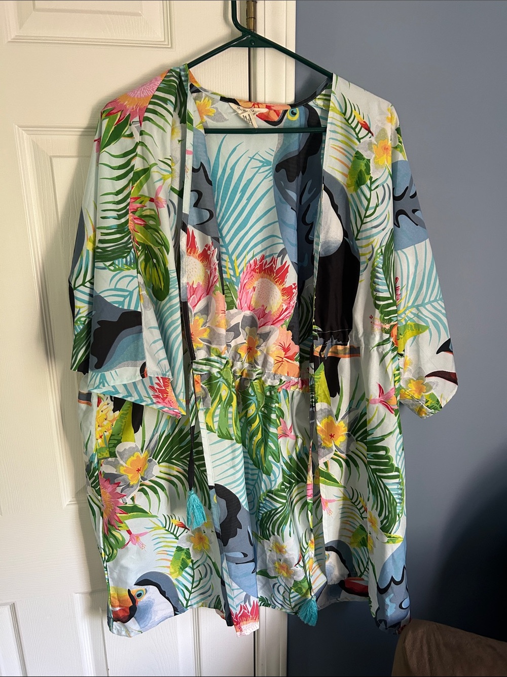 Light Blue Tropical Floral Swim Cover-Up Kimono